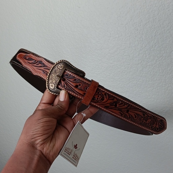 Brown Hand Tooled Leather and Dark Brown and White Cowhide Belt